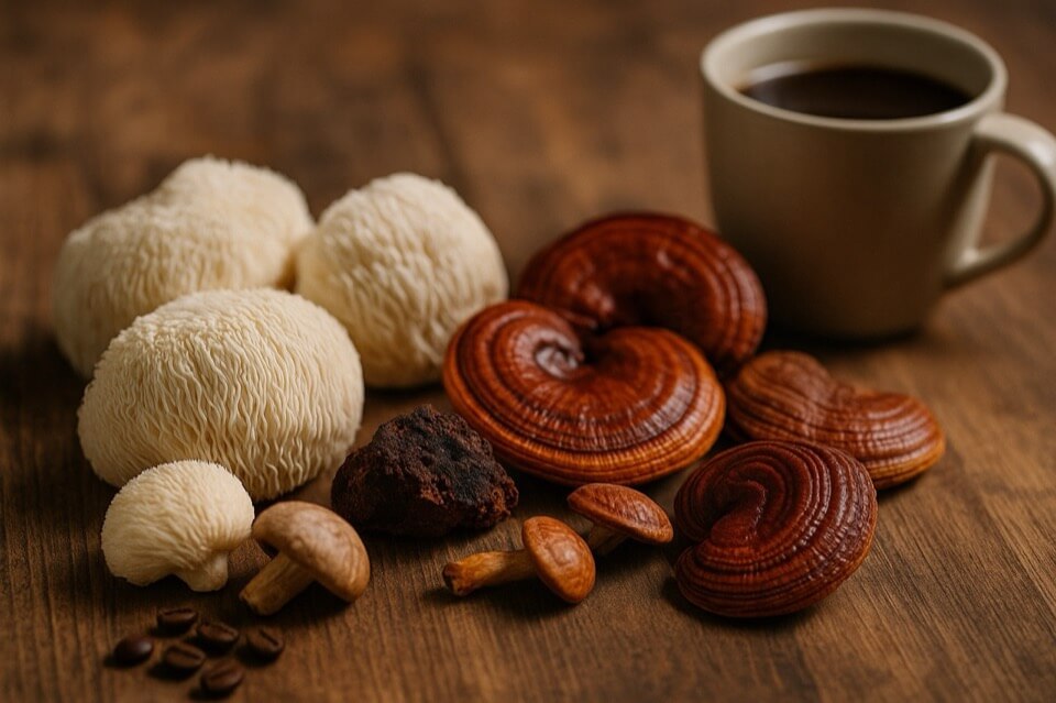 Adaptogén gombákból készült gombakávé egy asztalon.