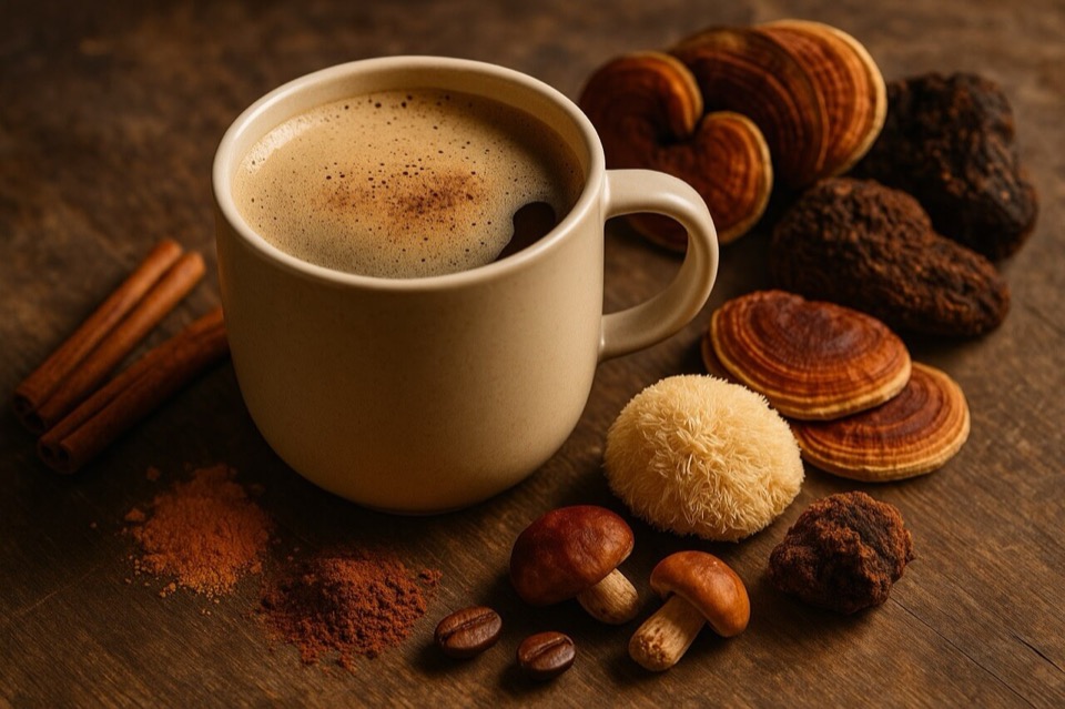 Gőzölgő gombakávé egy kerámia csészében, körülötte gombákkal.