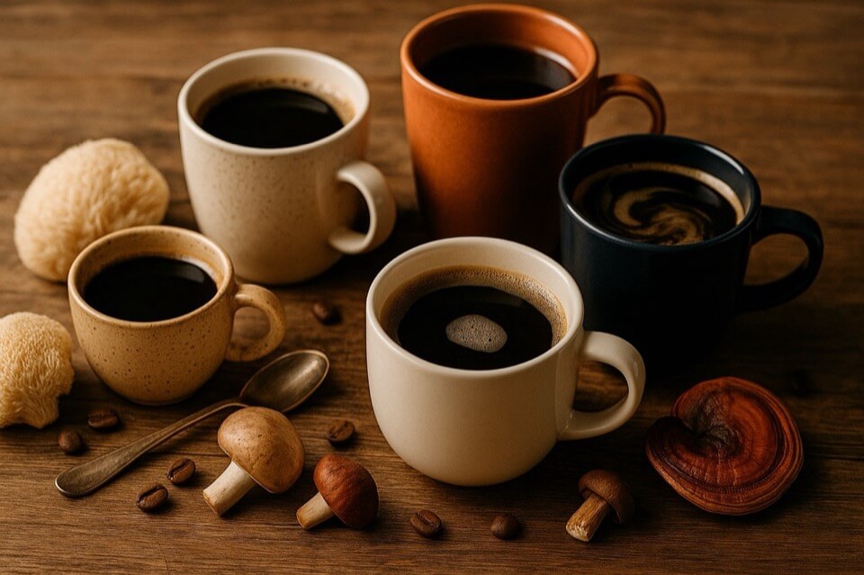 Gombakávé csészészen egy faasztalon, mellette gyógygombák mint természetes kiegészítők