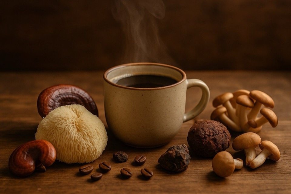 Gombakávé csészében Reishi, Chaga és Lion's Mane gombák keverékével